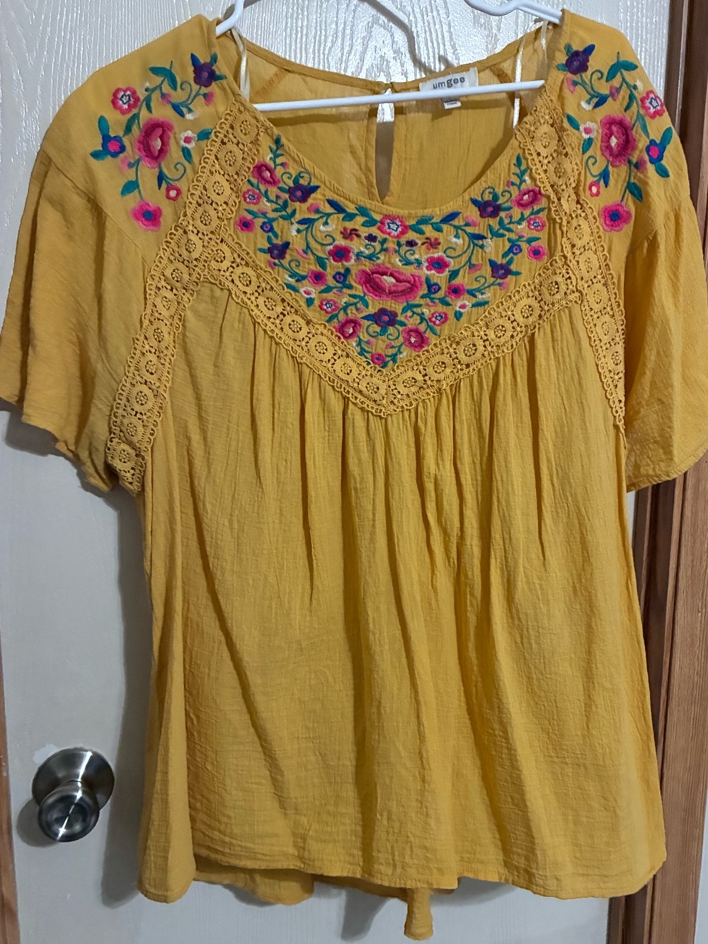 Umgee Yellow Embroidered Boho Blouse with Crochet Trim